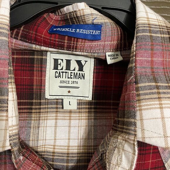 Ely Cattleman pearl snap western shirt wrinkle resistant sz L plaid - Picture 3 of 4